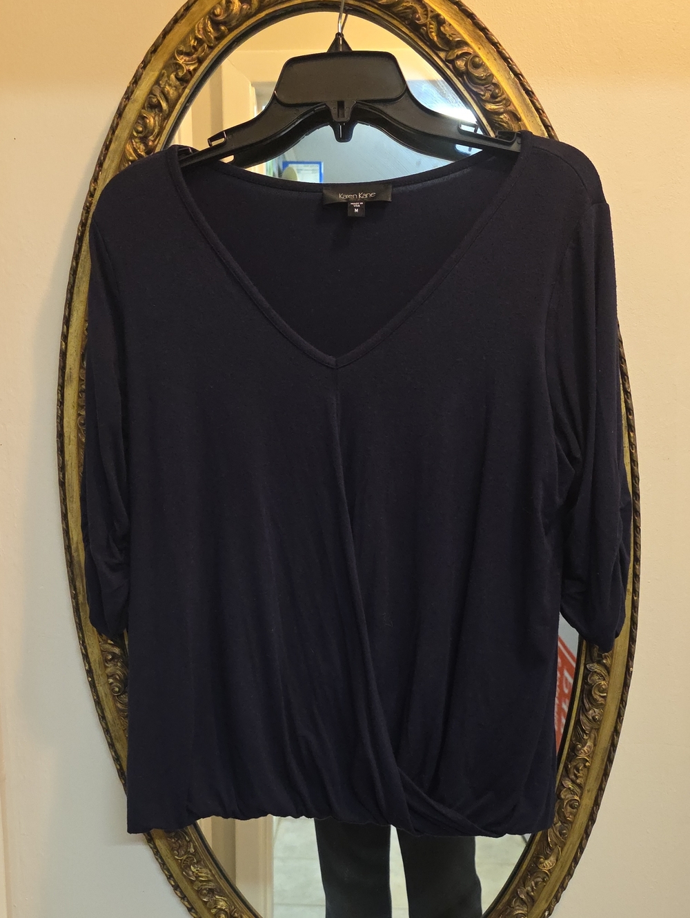 Karen Kane Midnight Navy V-Neck Twist Hem Top Womens M Blue USA M